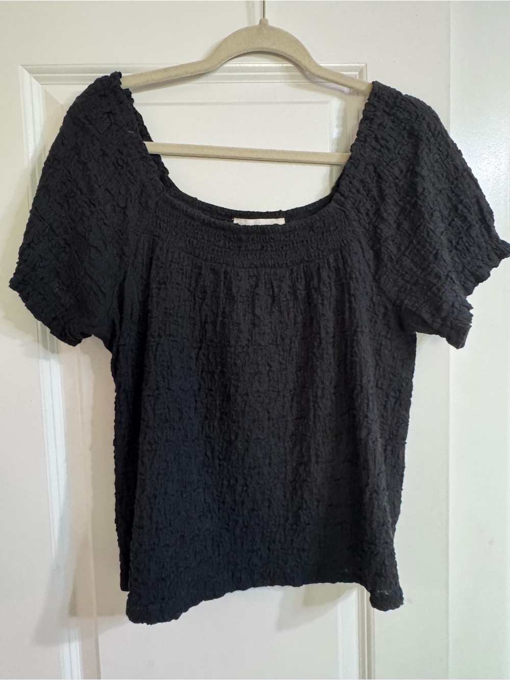 Lucky Brand Black Smocked Square-Neck Short Sleeve Top